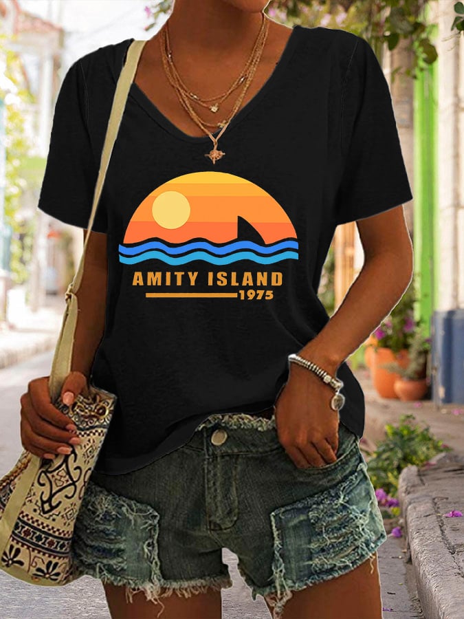 Women's Amity Island 1975 Print V Neck Casual T-Shirt