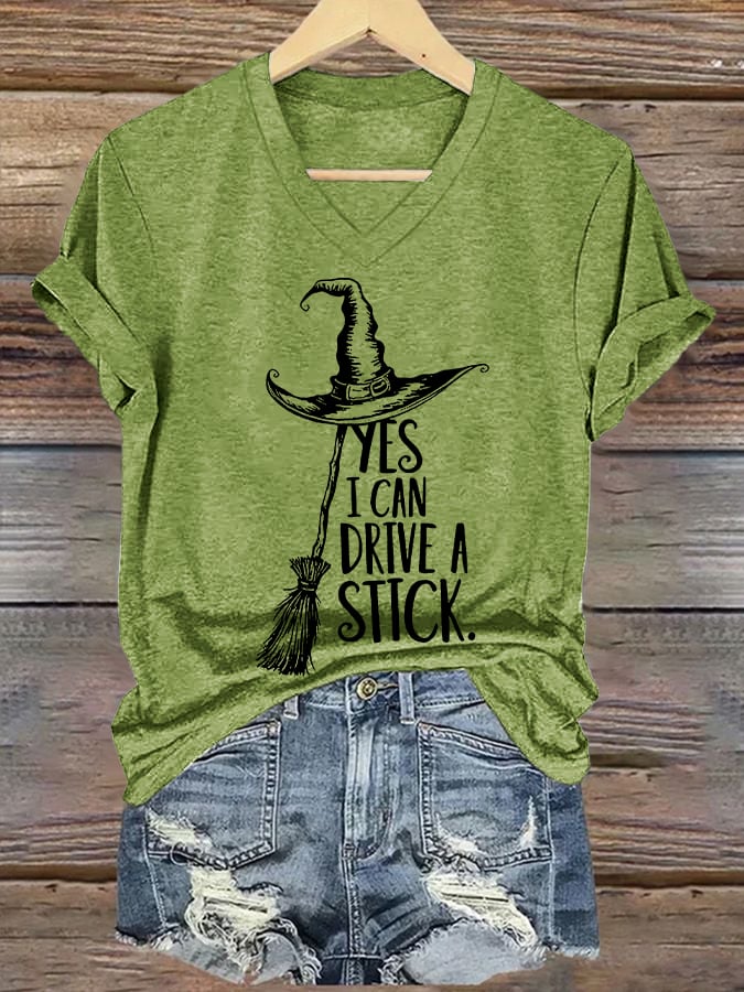 Women's Yes I Can Drive A Stick Print V Neck T-shirt