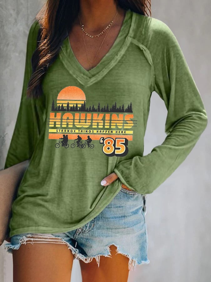 V-neck Retro  Hawkins Print T-Shirt