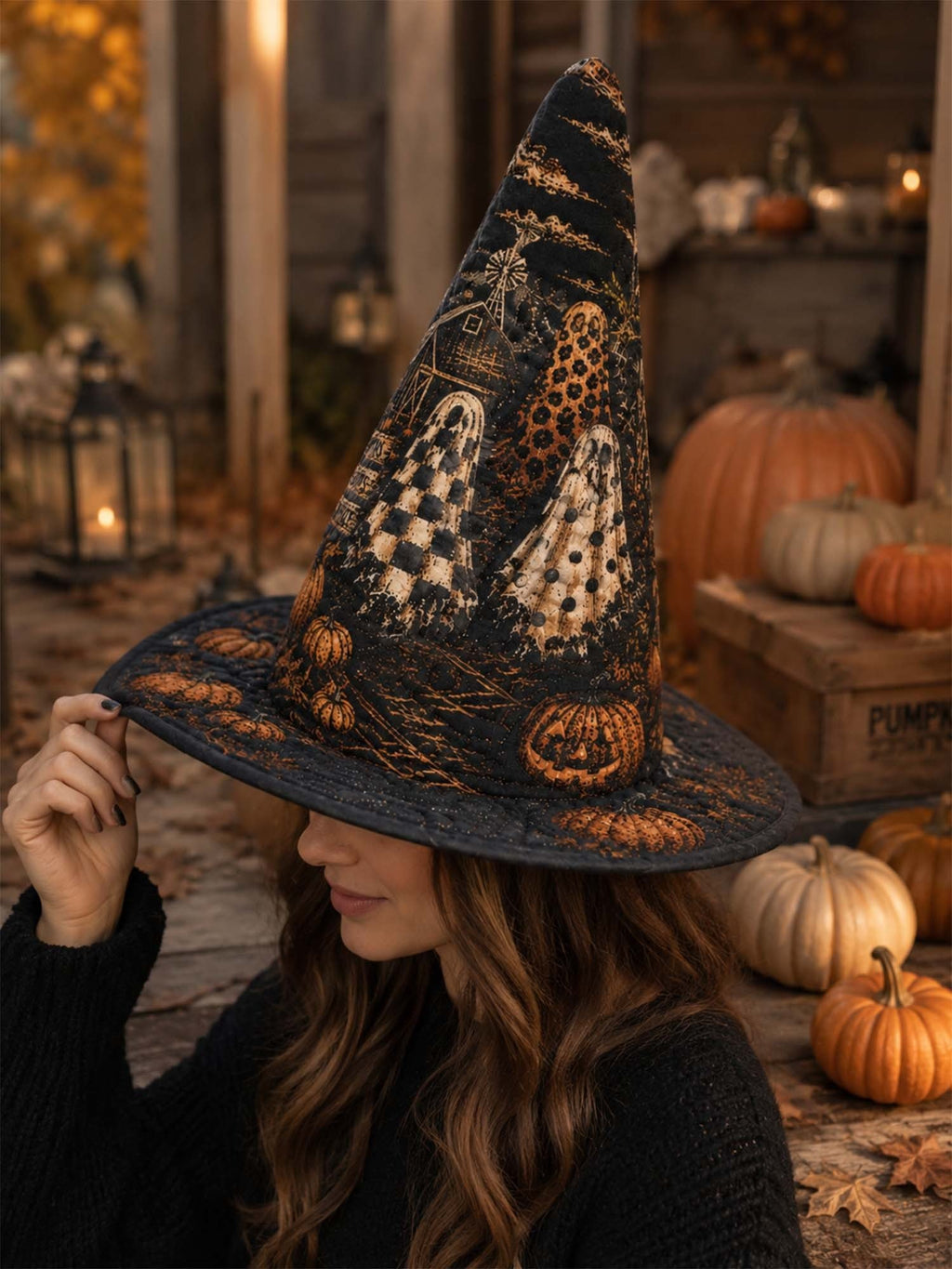 Gothic Halloween Haunted House Pumpkin Handmade Quilted Witch Hat