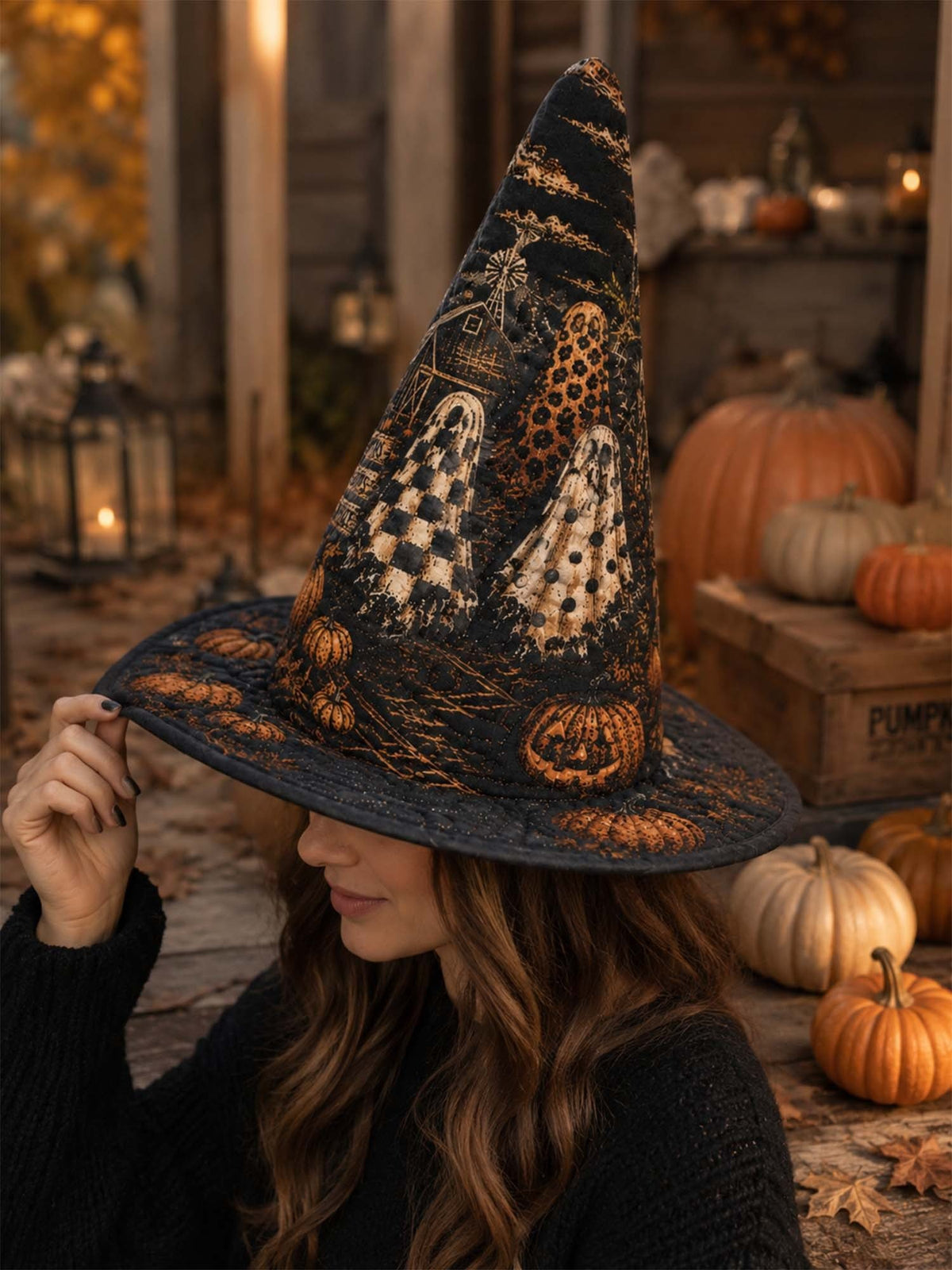 Gothic Halloween Haunted House Pumpkin Handmade Quilted Witch Hat