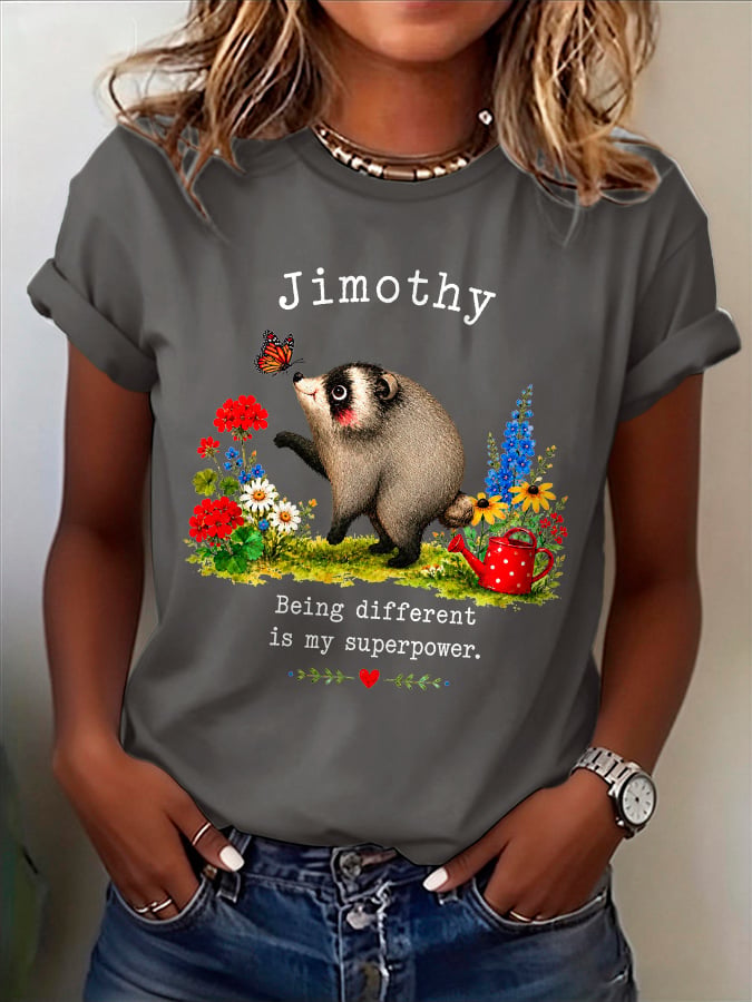 Retro Jimothy Raccoon Being Different Is My Superpower Print T-Shirt