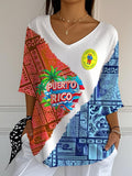 Puerto Rican Patchwork Casual Simple Print Short Sleeve Shirt