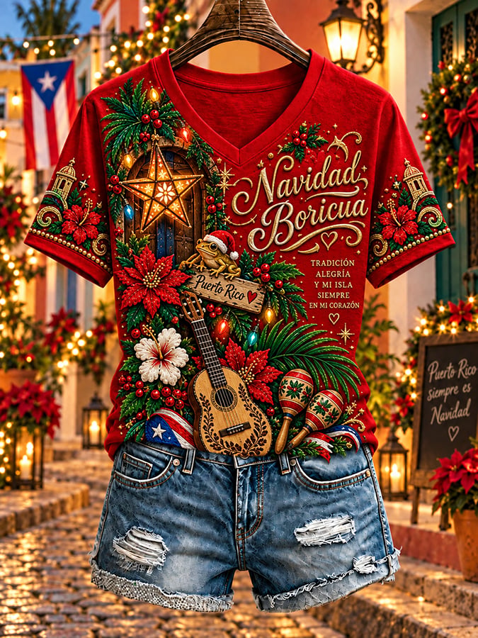 Women's Puerto Rico Christmas Print Casual T-shirt