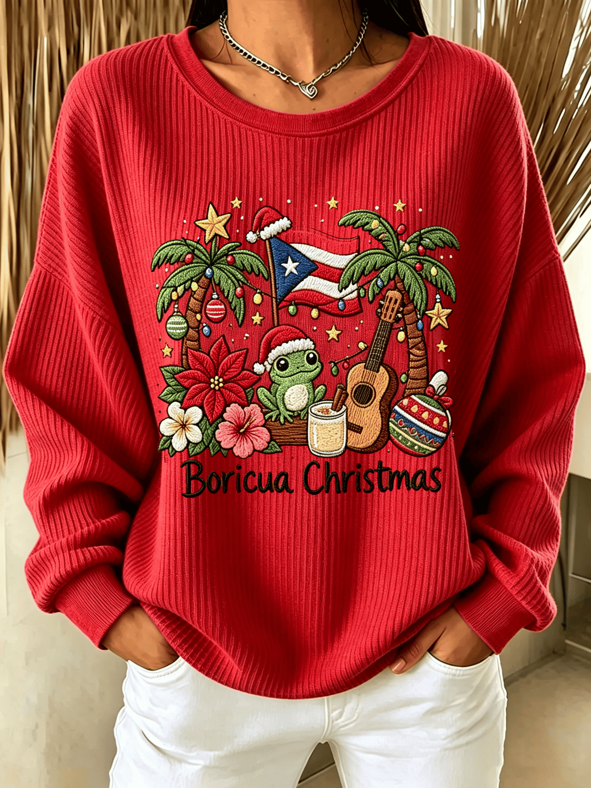 Women's Puerto Rico Christmas Print Long-Sleeve Knit Top