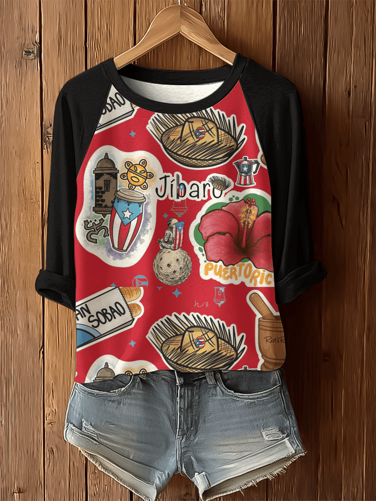 Puerto Rican Christmas Tree Printed Raglan Top