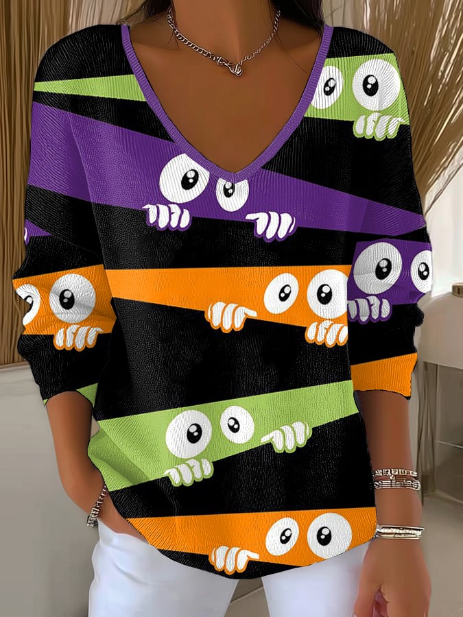 Women'S Retro Halloween Peek Monster Print T-Shirt