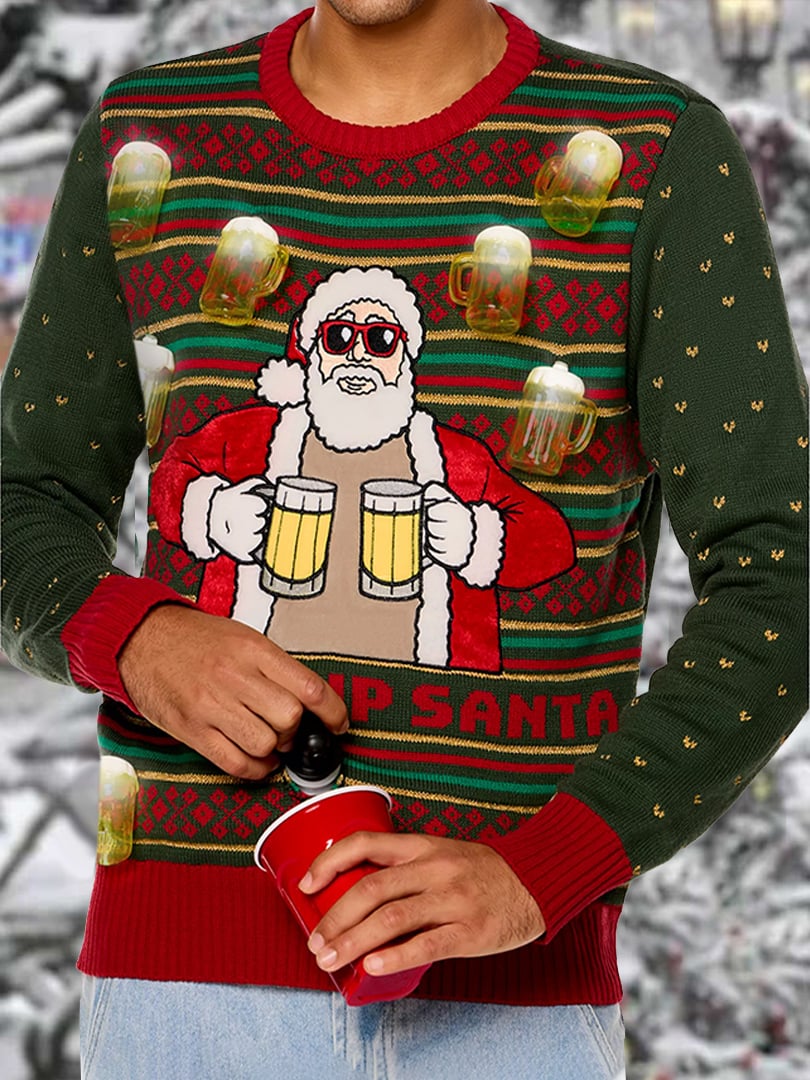 Men's Retro Light-Up Fill Me Up Santa Beverage Dispenser Christmas Print Sweater