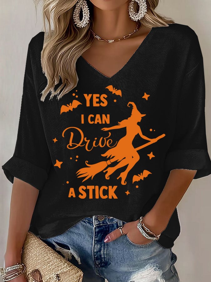 Women's Yes I Can Drive A Stick Print V Neck T-shirt