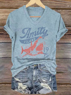 Women's Retro  Amity Island 1975 Clear Skies Gentle Surf Warm Water Print T-Shirt