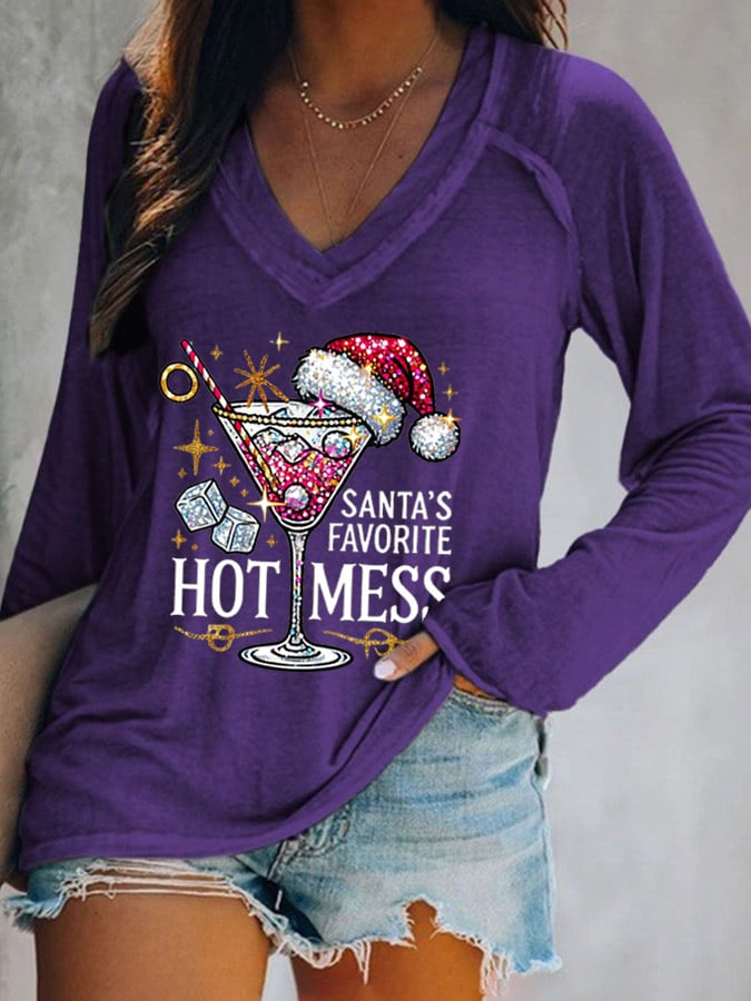 Women's Christmas Santa's Favorite Hot Mess Print V-Neck T-Shirt