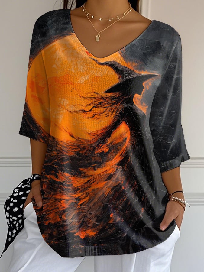 Women's Casual Witch Oil Painting Bubble Wrinkle Top