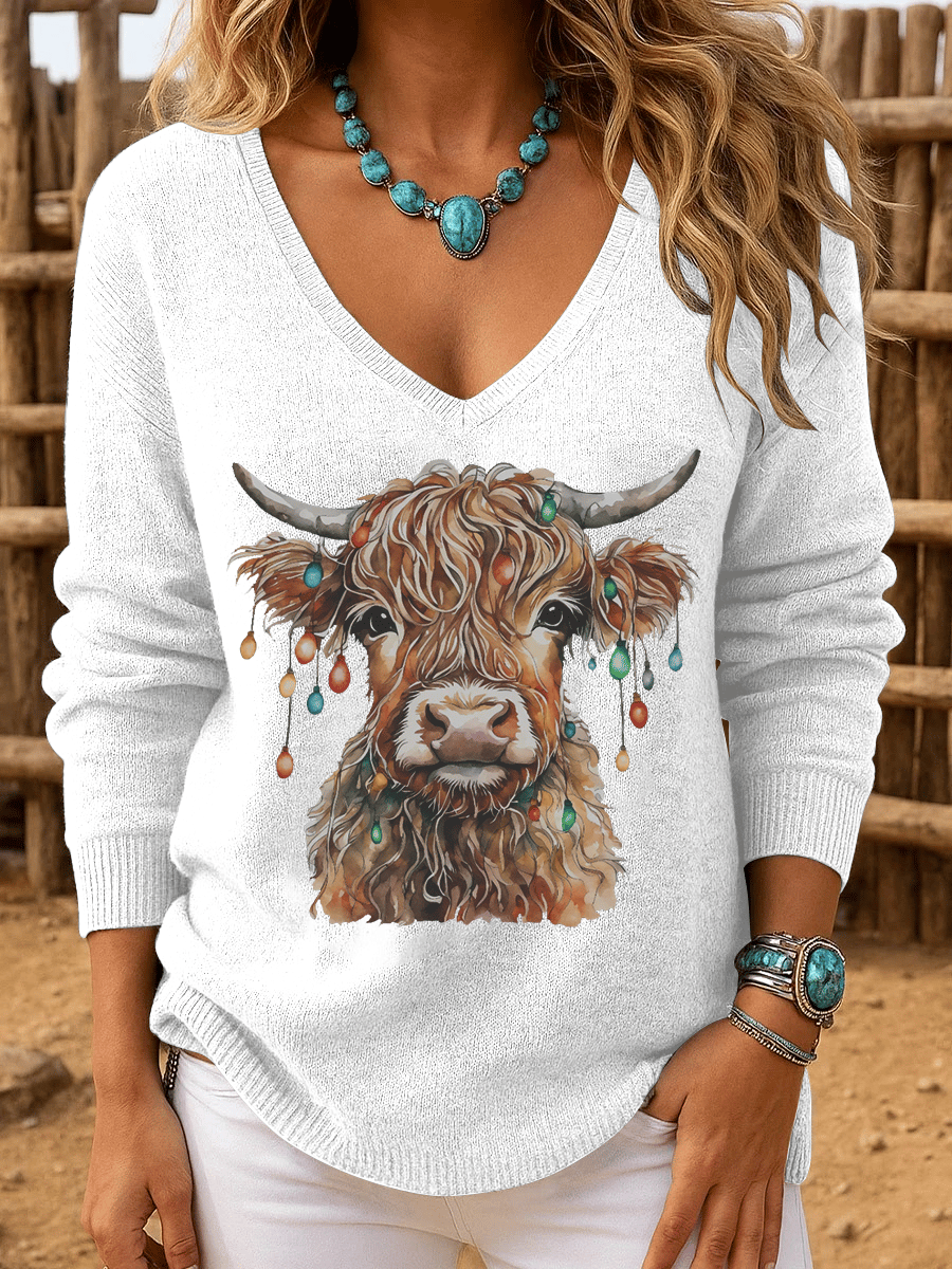 Women's Christmas Highland Cow Print Crew Neck Long Sleeve Top