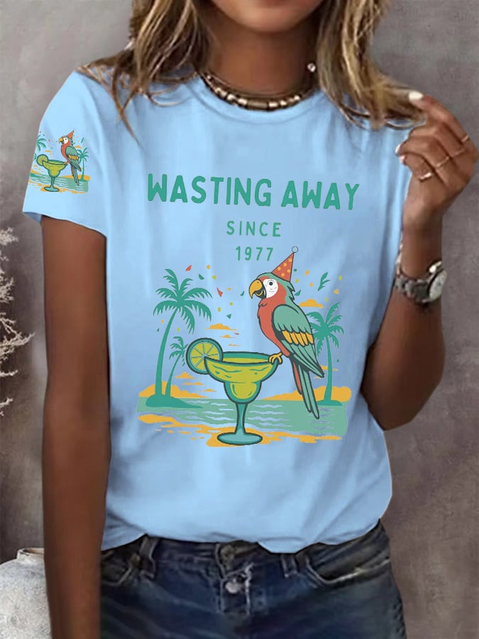 Retro Parrot Margarita Wasting Away Since 1977 Print T-Shirt