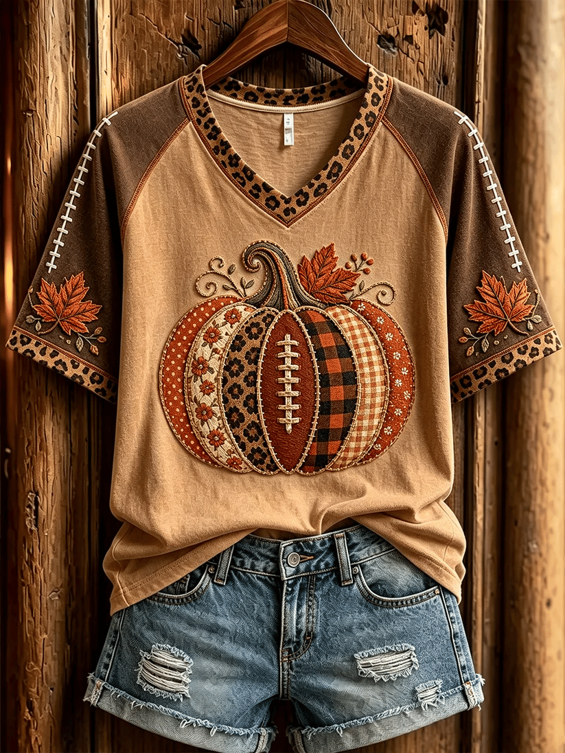 Women's Football Inspired Fall Pumpkin Print T-shirt
