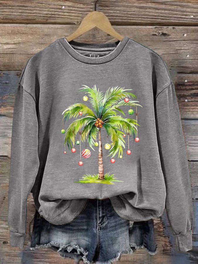 Women'S Casual Christmas Palm Tree Printed Long Sleeve Sweatshirt