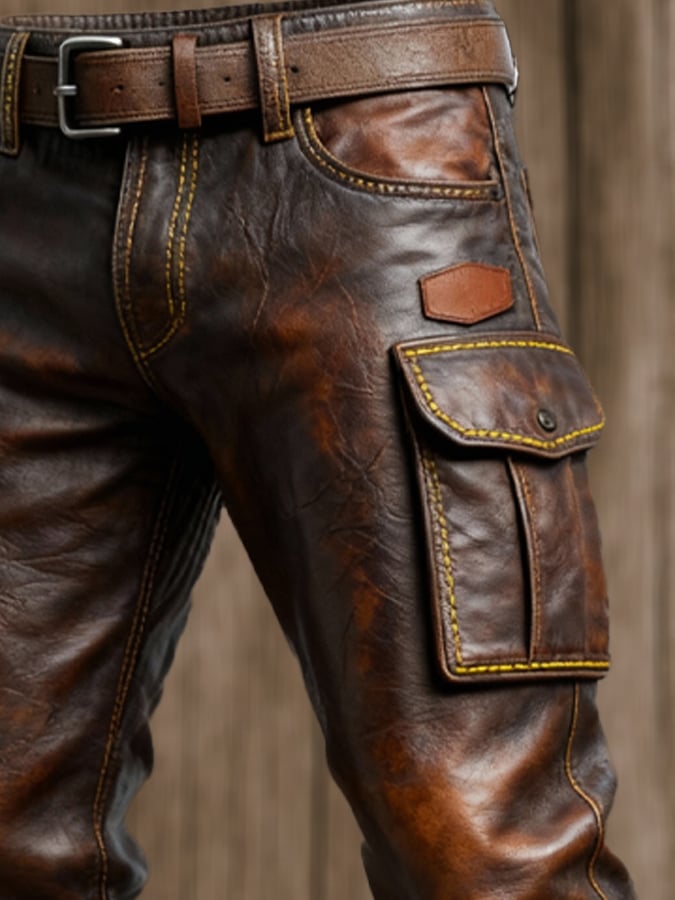 Men's Vintage Leather Stitching Functional Pocket Work Pants