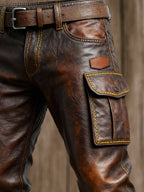 Men's Vintage Leather Stitching Functional Pocket Work Pants