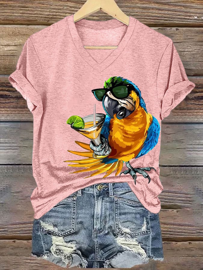 Women's  Funny Drinking Parrot Print T-Shirt