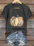 Women's Autumn Hand-Painted Pumpkin Casual Print T-Shirt