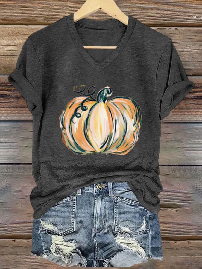 Women's Autumn Hand-Painted Pumpkin Casual Print T-Shirt
