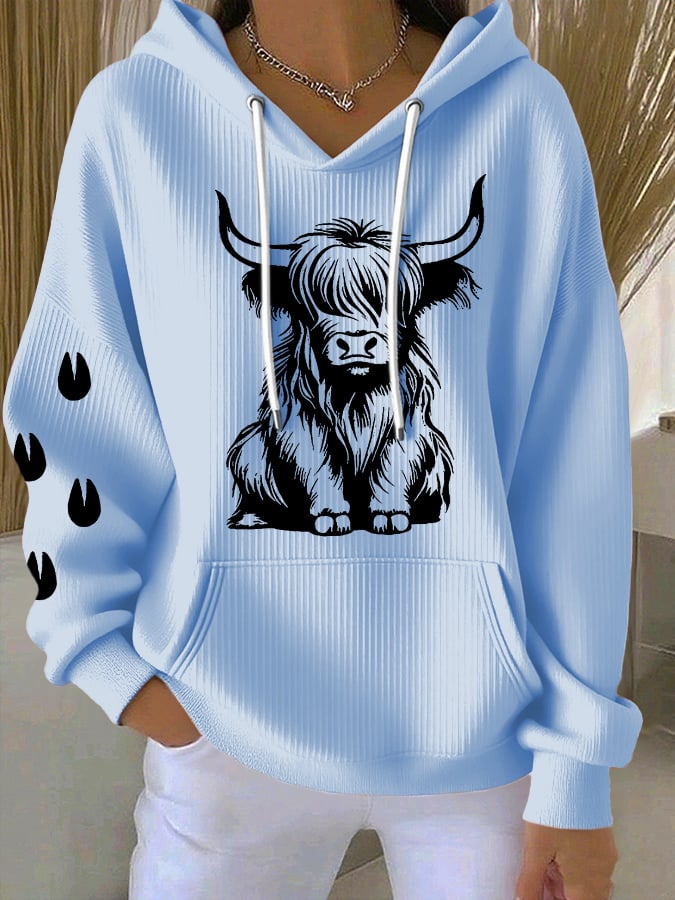 Women's Vintage Western Highland Cow Print Casual Hooded Sweatshirt
