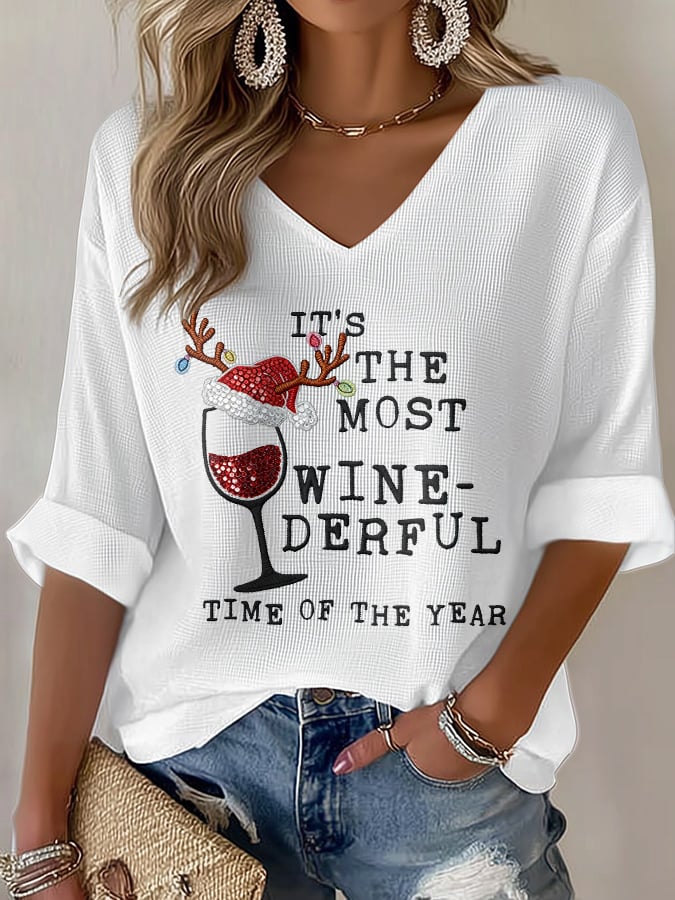 Women's Casual It's The Most Wine-Derful Time Of The Year Waffle T-Shirt