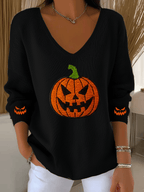 Women's Ghost Face Pumpkin Print Casual Striped Fabric Long Sleeve T-shirt