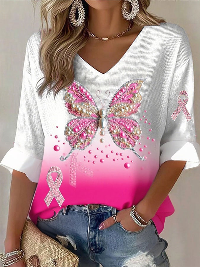 Women's Breast Cacner Print Waffle T-shirt