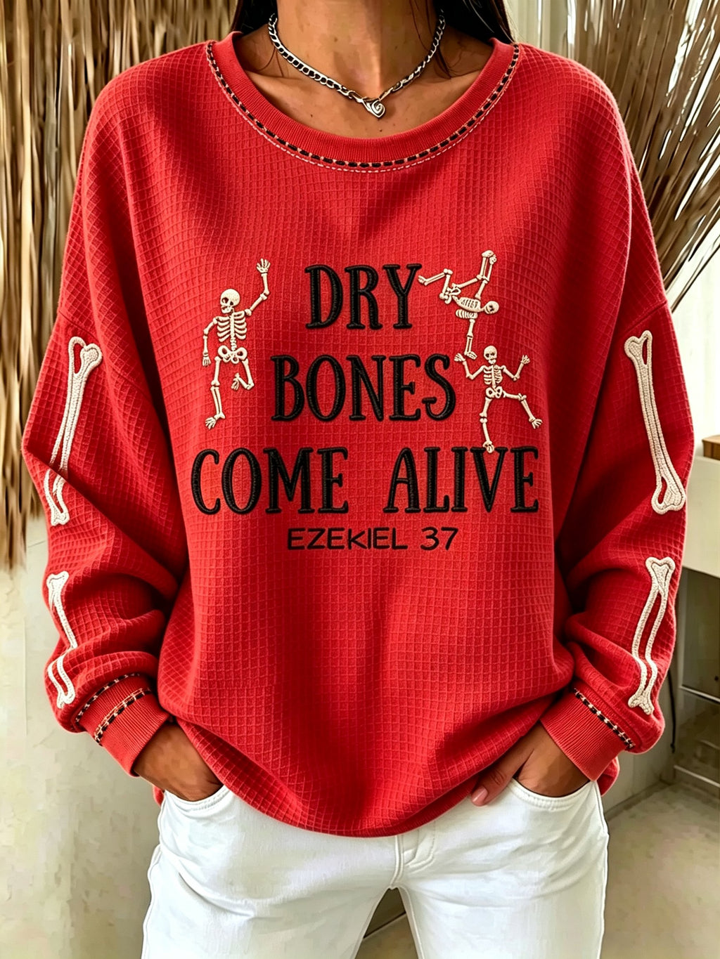 Women's Casual Printed Waffle Long-Sleeve Top