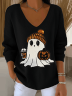 Women's Halloween Ghost Print Knit Long Sleeve Top