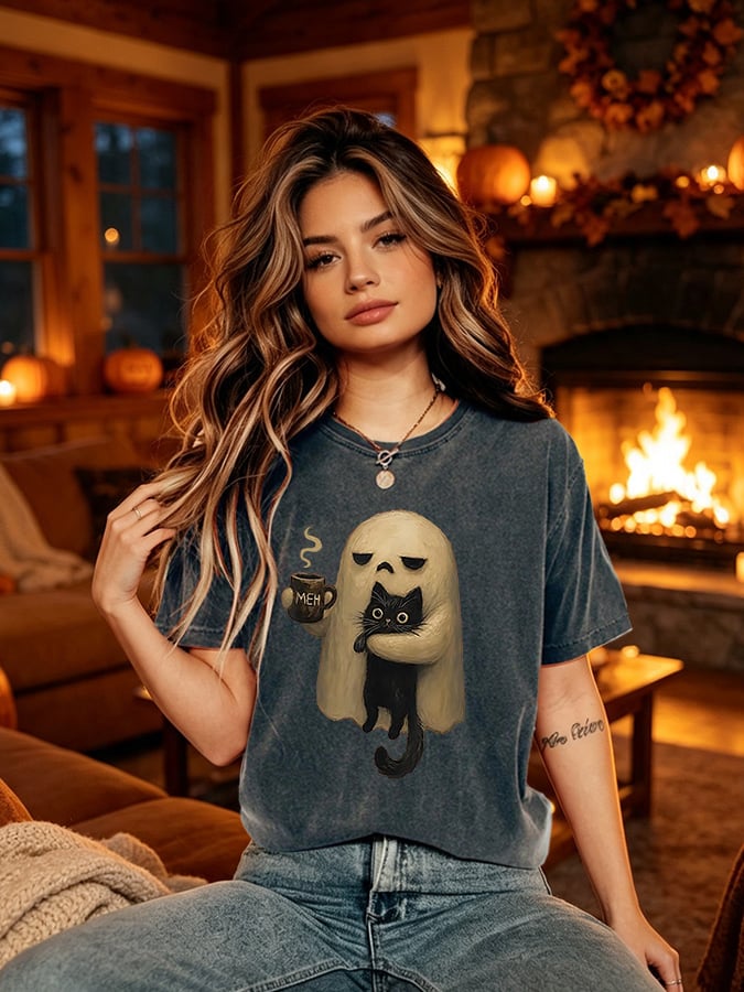 Retro Halloween Cat Ghost Meh Print T-Shirt