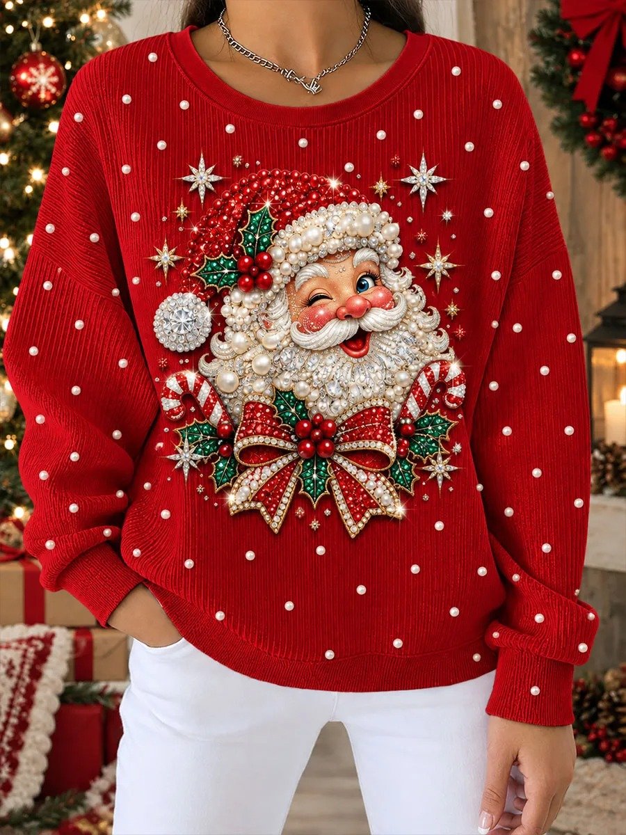 Women's Santa Claus Print Casual Ribbed Round-Neck Sweatshirt