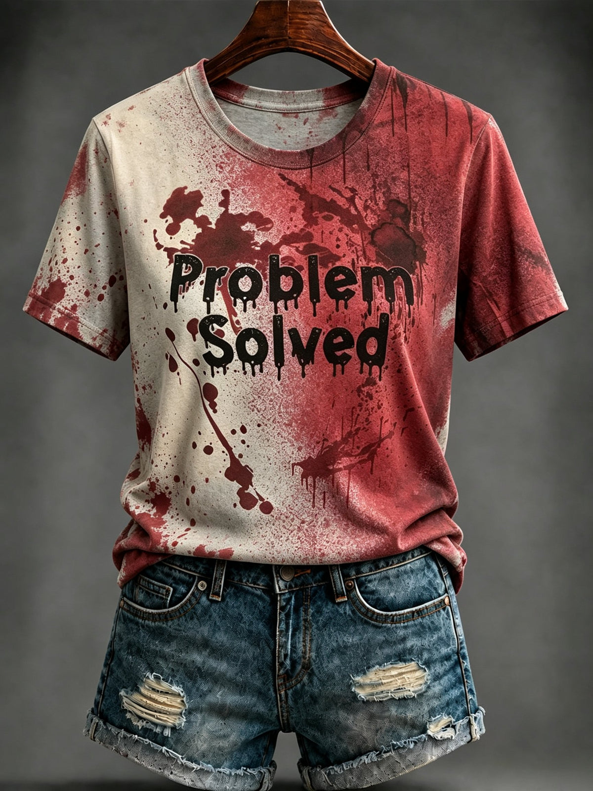 Women's Retro Bloody Problem Solved Halloween Art Pattern Print T-Shirt