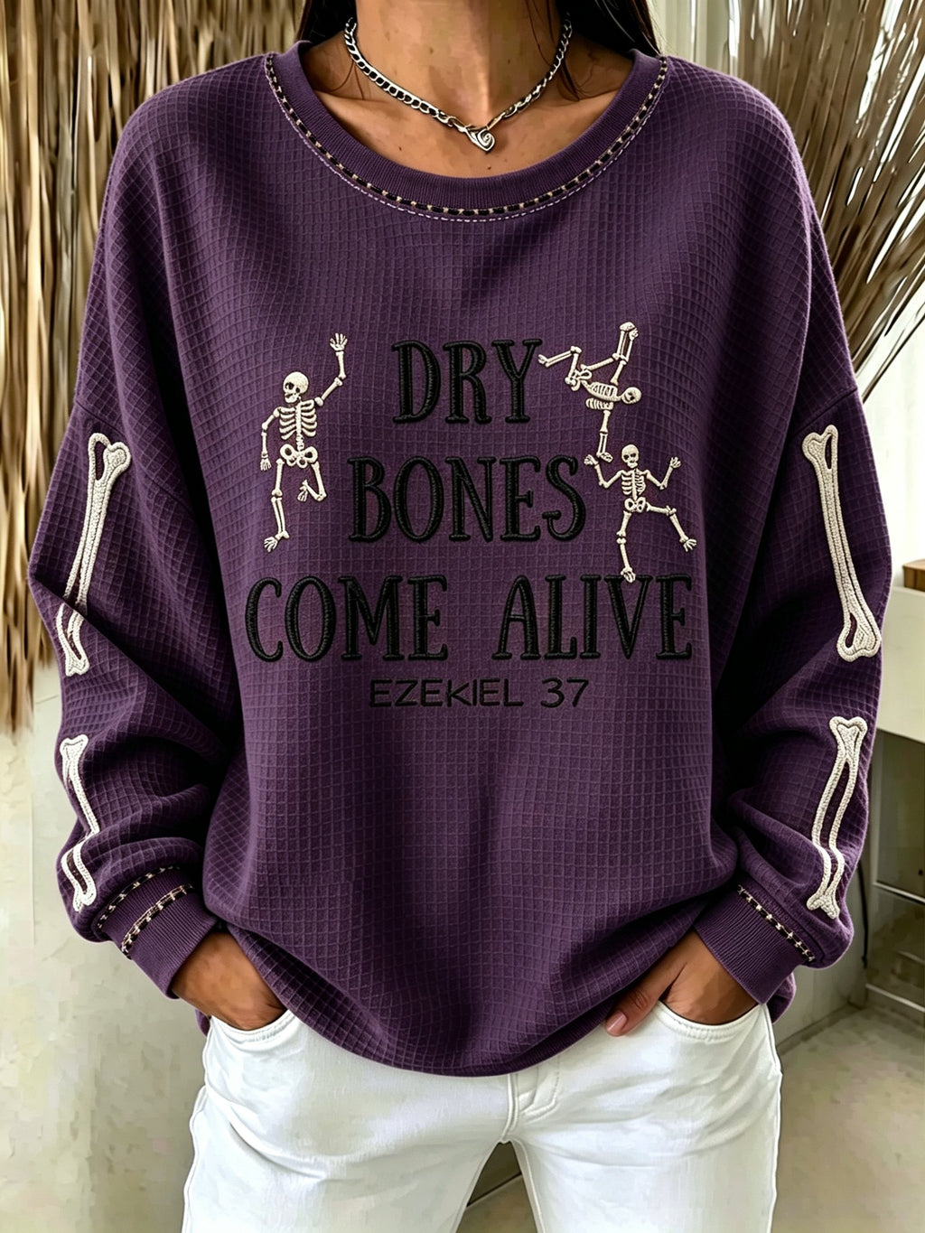 Women's Casual Printed Waffle Long-Sleeve Top