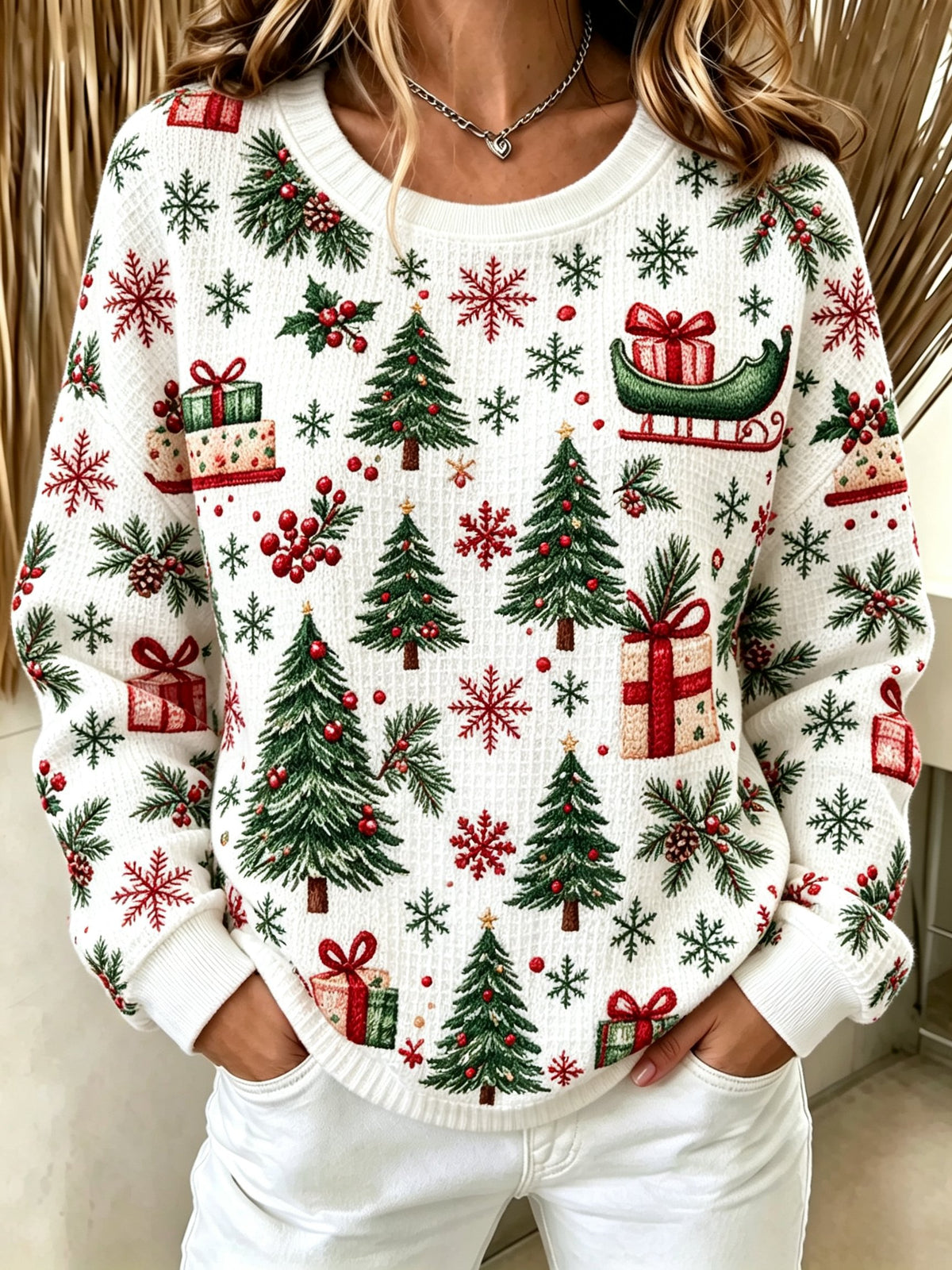 Women's Christmas Print Cozy Waffle Top