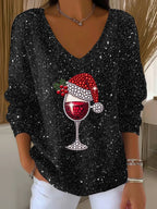 Women's Wine Glass With Santa Hat Print V Neck Sweater
