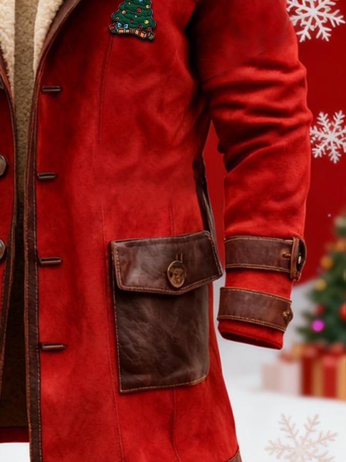 Men's Vintage Suede Patchwork Plush Christmas Mid-Length Jacket