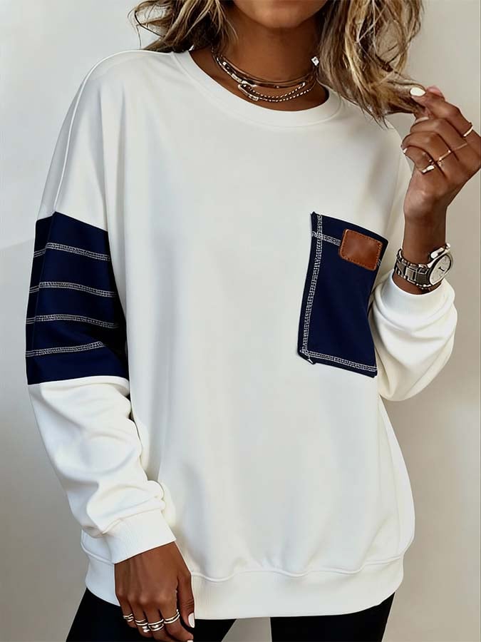 Women'S Casual Loose Contrast Color Stitching Sweatshirt
