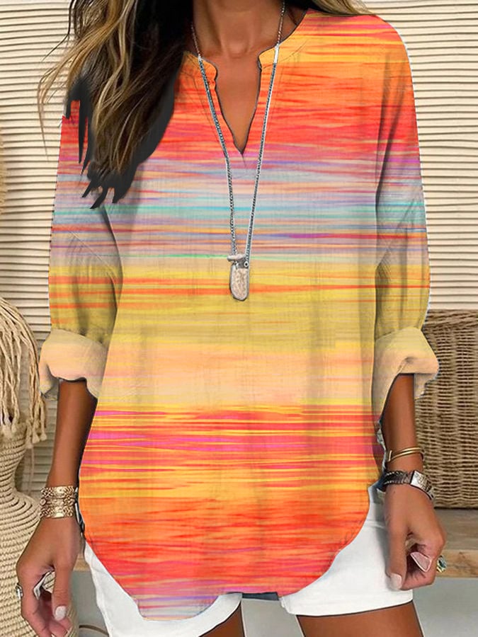 Women's Autumn Casual Gradient Cotton and Linen Long Sleeve Shirt