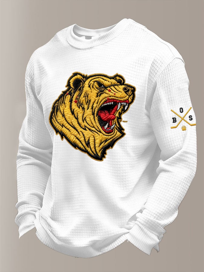 Men's Hockey-Print Waffle-Knit Long-Sleeved T-shirt