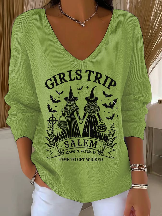 Women's Girls Trip Salem Witch Print V Neck Sweater