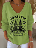 Women's Girls Trip Salem Witch Print V Neck Sweater
