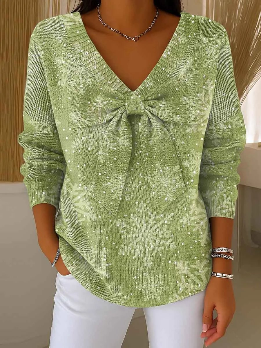 Women's Christmas Print Bow Knit Pullover Top