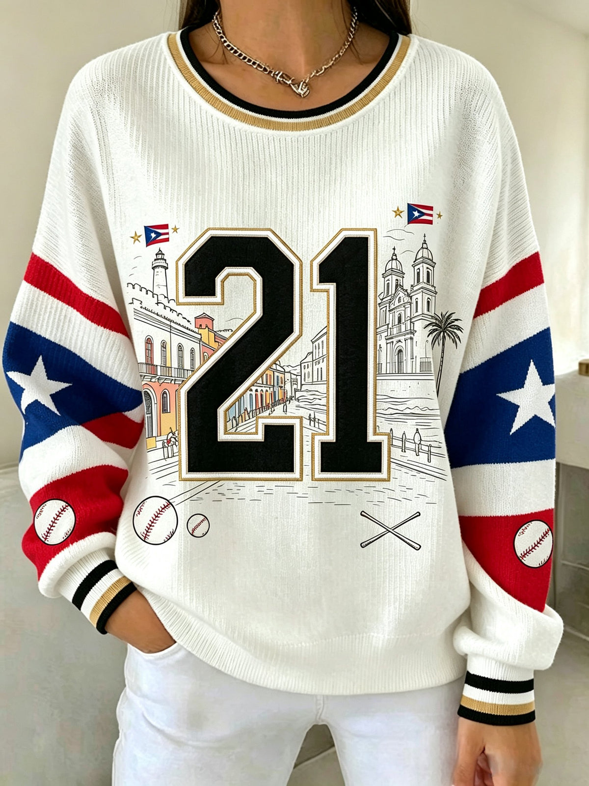 Women's Puerto Rico Baseball Art Printed Long-Sleeved Knit Top