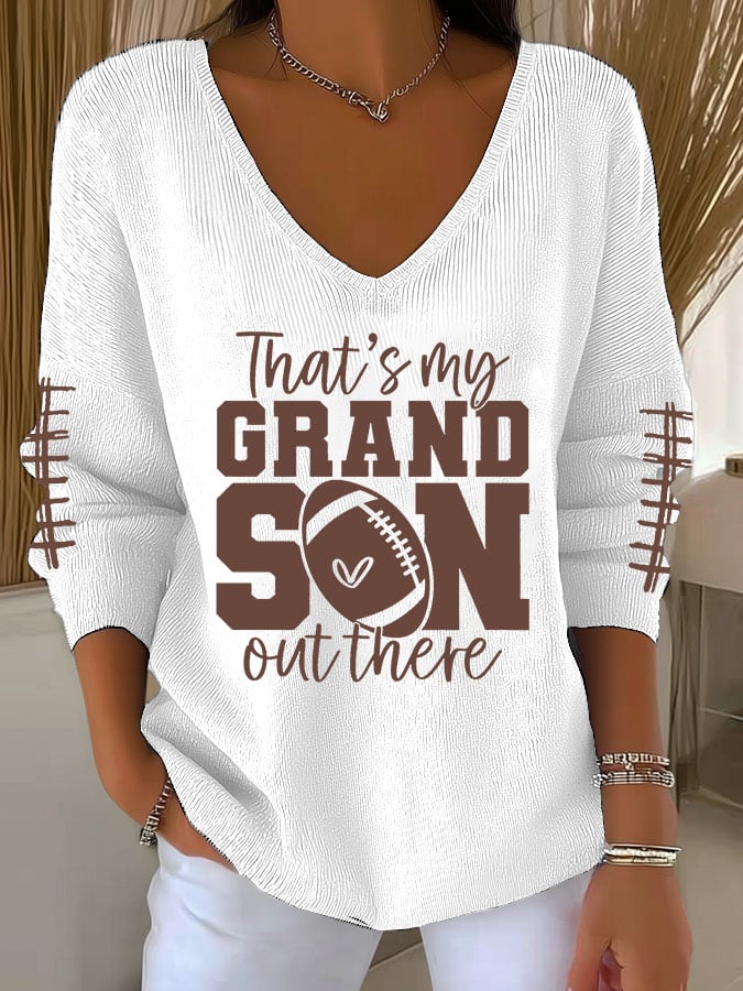 Women's That's My Grandson Out There Football Print V Neck Sweater
