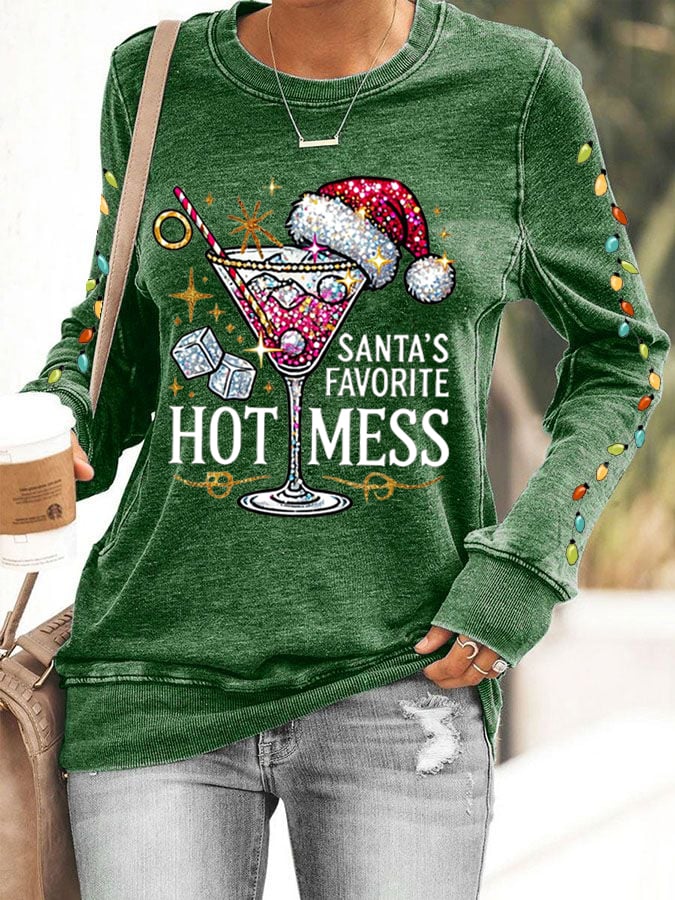 Women's Christmas Santa's Favorite Hot Mess Printed Crew Neck Sweatshirt