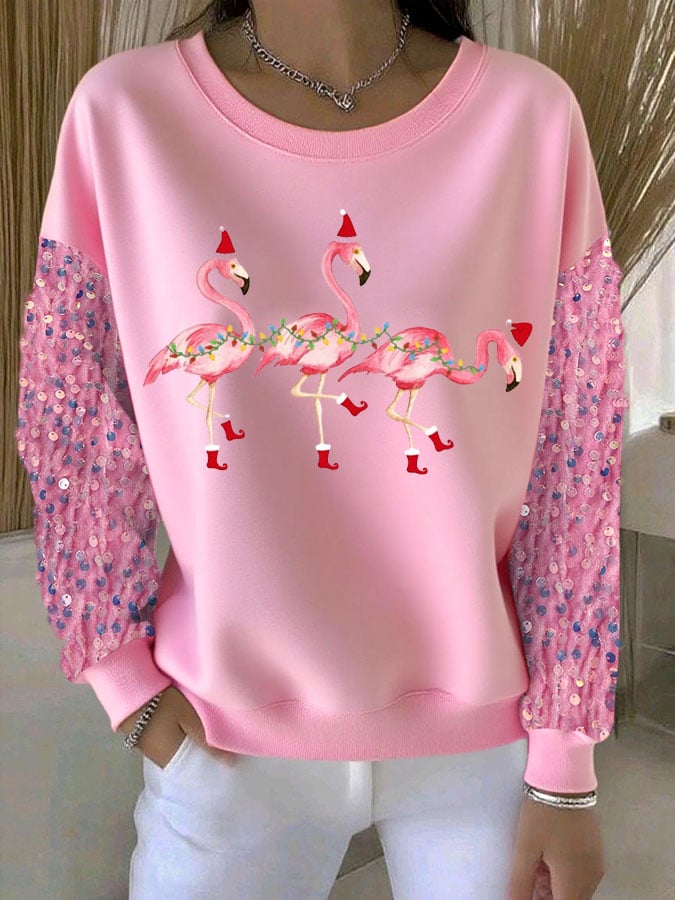 Women's Christmas Flamingo Print Sequin Sleeve Casual Hooded Sweatshirt