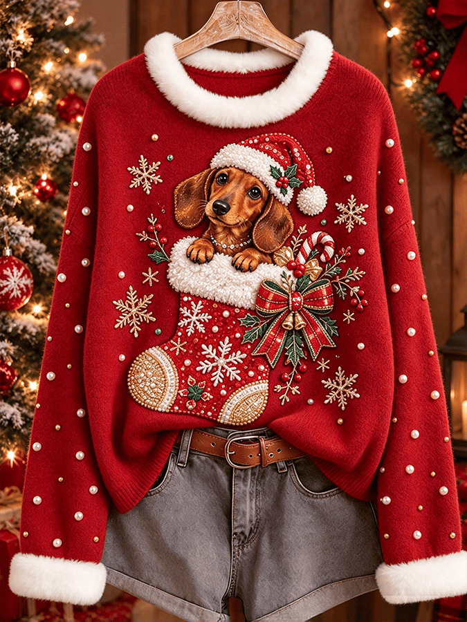 Women's Retro Christmas Dog  Print Top