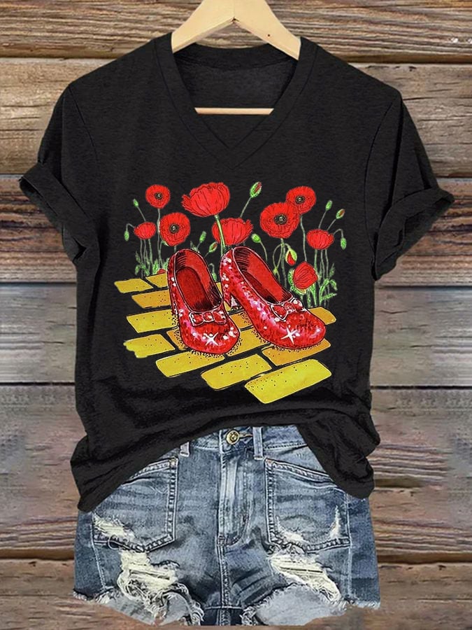 Women's Halloween Red Shoes Printed Casual T-Shirts